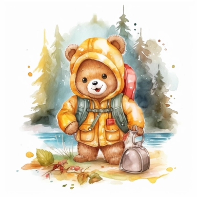 cute happy baby teddy bear wearing clothes camping activities clipart watercolor style in nature bright colors white background