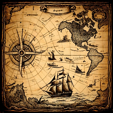 very detailed, high resolution image, hand drawn, dark ink, vintage, antique pirate treasure map, quest map. illustrations of clipper ships, compass, and waves.
