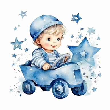 cute watercolor newborn soft blue baby playing toy car, stars on the background, watercolor effect, isolated white background, babyshower clipart, soft blue tones