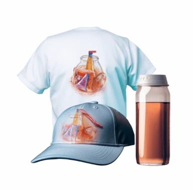 merchandise tshirt , cap, bottle, mug. Very beautifully arranged. Close up shot. transparent backgroun. Clipart.