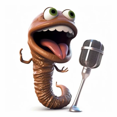 a long brown earthworm with an oversized mustache and big upper lip singing in a microphone clipart white background