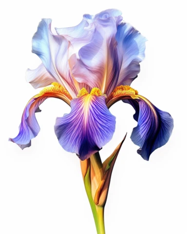 clipart drawing of Iris flower in the style of influenced by Vincent Van Gogh. long stem with leaves. vibrant, vivid, hyper realistic petal and leaves