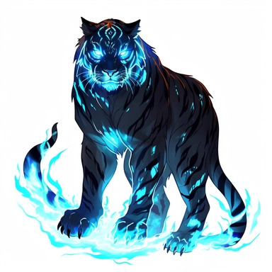 a glowing tribal tiger with blue lights on his eyes, tribal animals, in the style of manhwa character design, master of shadows, burned/charred, himalayan art, dark black and light azure, clipart, on white blackground