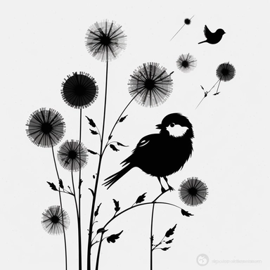 very simple dandelions bird logo clipart svg, black silhouette, white background