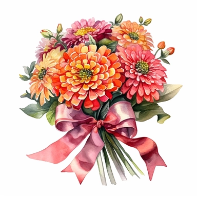 beautiful, bright colors, [Zinnia floral bouquet] with a pink tied bow ribbon, watercolor, clipart,cinematic, dramatic, realistic, very detailed, white background, clipart, medium image size ,