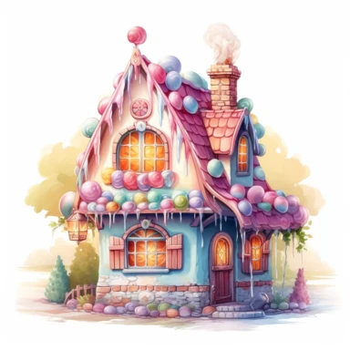 cozy fairytale house made of candies, sweets and marshmallows, full body, pastel rainbow colors, clipart style, accurate details, oil painting technique, super high quality, oil painting professional clipart, high resolution, isolated white background