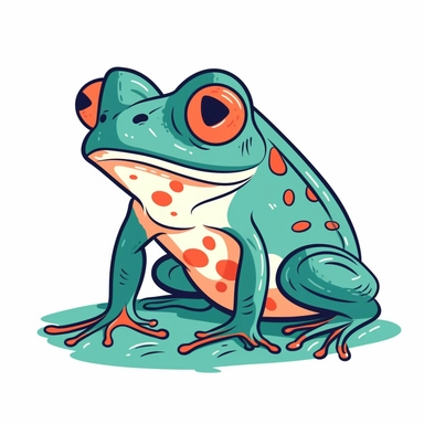 A minimal illustration of a whimsical frog, flat colors, on a white background, clipart, thick lines.