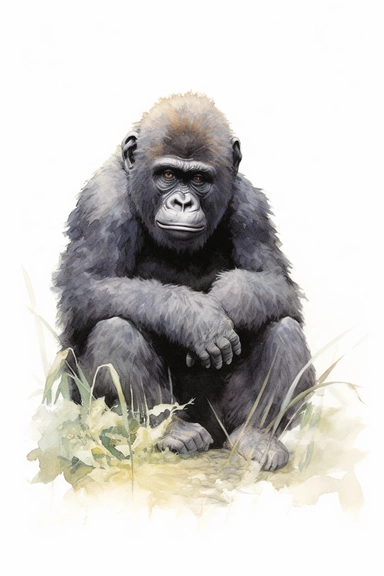Clip art of gorilla, simple, White margins around the image, drawn by Helen Beatrix Potter, easy to crop image, white background