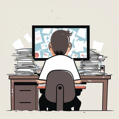 create a clipart for a presentation showing employee watching youtube video instead of working. Papers are pilled up on his desk. View from behind