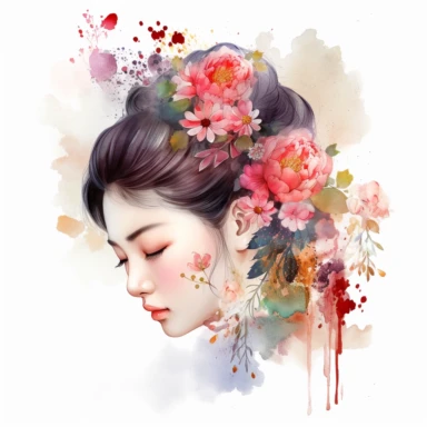 watercolour clipart of beautiful Japanese Geisha Watercolor Clipart Bundle, hair tucked behind pointy ears, detailed character illustrations, fantasy illustration, close - up, multilayered realism, goblincore, delicate flowers, forest greenery, enchanted, pretty, majestic, magical, detailed, face only, UHD, 8K, 3D, solid white background