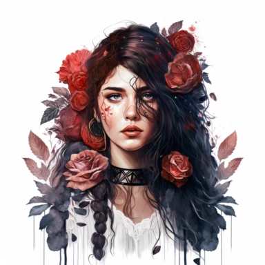 Striking boho girl in clipart style, hair cascading to one side adorned with detailed roses on one side, captivating large eyes and full lips, gazing directly at the camera, Portrait style, white minimalist background, 8K rendering