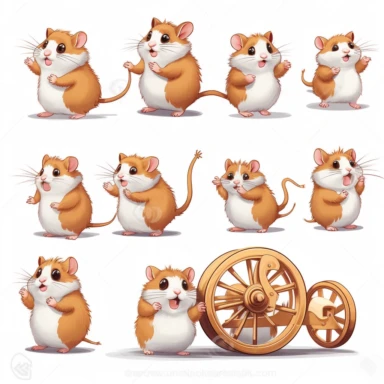 Illustration of an adorable hamster Clipart Set, each with a different pose and expression, white background, cute, playful, joyful illustration, digital art, Pixar art, 16:9 aspect ratio - presenting hamsters running in a wheel, nibbling on food, and exploring, with expressions such as energetic, focused, and inquisitive
