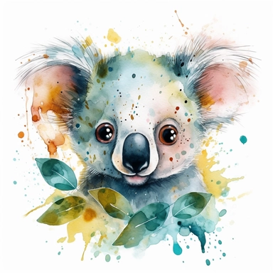 The most cutest cartoon baby koala with big open eyes, clipart, watercolor, dream art, baby animals, vector art, children art, particles around the object, children cartoon, sticker art design, white background,