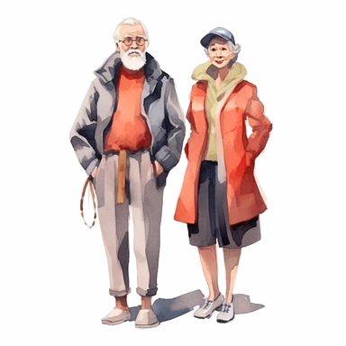 watercolor, Modern old people and senior couples set. Stylish elderly man and woman in fashion casual clothing. Happy aged person in a fashionable outfit. png Full body realistic cartoon in 32K UHD cute. 15 cm thick outline. Black color. There was no shadow on the ground. 8k with realistic watercolors and detailed illustrations. PNG clipart, transparent white background