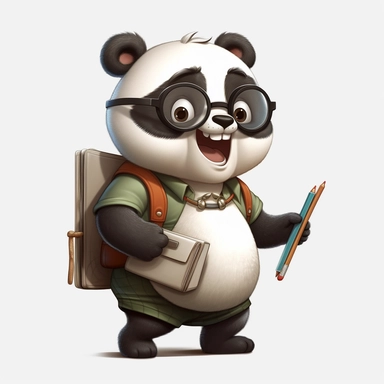 cute panda, teacher, happy and smiling, clipart, white background, no shadow