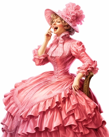 detailed happy beautiful lady , dressed in a pink victorian vintage dress laughing and covering her mouth, hyper realistic, 8k, isolated on white backgorund, clipart