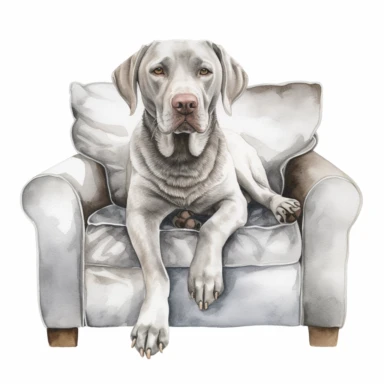 Hand drawn silver Labrador, on the couch, very detailed and realistic, watercolor, white background with margins, clipart style