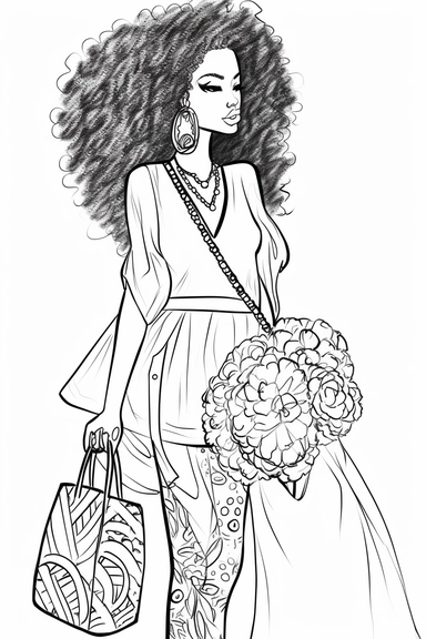 Coloring pages for adults, clean lines, beautiful african american women, afro, one flower in hair, clipart, fashion, full body, purse, heels, pantss, skirts,, necklace, shirt, handbag, boss