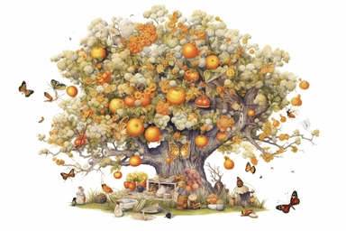 an illustration of tree fruit with an animation clipart of humans and bees from the book and film, in the style of organic and naturalistic compositions, colorful gardens, petcore, white and orange, mommy's on-the-phonecore, award-winning, birds-eye-view