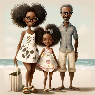 Happy Black Girl and her mom and dad Smiling at the beach ib sag harbor art,black girlsclipart, Funny black girl , Cheerful african american girl child png, clipart, afro ,Full body with legs , Cottage core , preppy , Highly detailed close-up portrait , standing , Nicoletta Ceccoli, Mark Ryden, lostfish, Earl Nor, global lighting, divine rays, detailed and intricate surroundings, sf, intricate artwork masterpiece, ominous, matte painting movie poster, blue ratio, trending on cgsociety, intricate