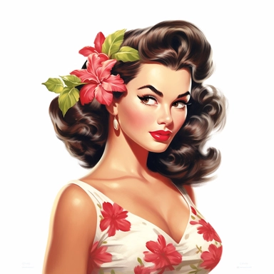 beautiful pretty pin up woman, makeup and hair vintage 50's style, hawaiian flower and dress, paint art style, detail, clipart, white background, superrealistic, one of a kind