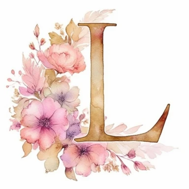 Clipart, Watercolor, Delicate, fine line, Gold Alphabet letter L, with soft pink flowers, pastel colors, hand-draw, texture