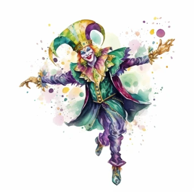 mardi gras jester clipart with watercolor illustration,full body shot,8k,etsy style, white background