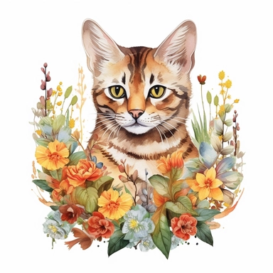 Toyger Cat with flowers, watercolor, sharp illustration clipart, insane detail, white background