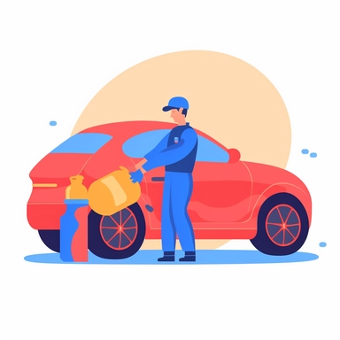 vector design, car cleaner, flat modern illustration, clipart, very simple picture, white background, soft gradient transition, in the style of warm color palette, natural pastel colors, red dark yellow and blue colors, object portraiture specialist, uniformly staged images, animated illustrations