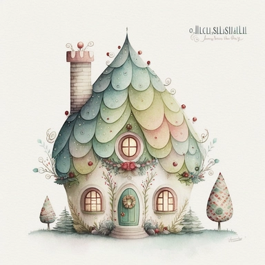 A watercolor painting of cute christmas house, christmas elf house, christmas house, cute detailed digital art, inspired by nicoletta ceccoli, by Kubisi art, whimsical and cute, by nicoletta ceccoli, cute detailed artwork, glimmering, adorable and whimsical, whimsical art, Clipart style, png style, svg style, blank white background, a solid white background