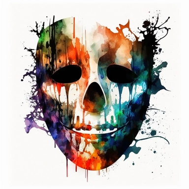 scary halloween mask watercolour tempera clipart illustration, vivid dark colours, clean, crisp, smooth, white background