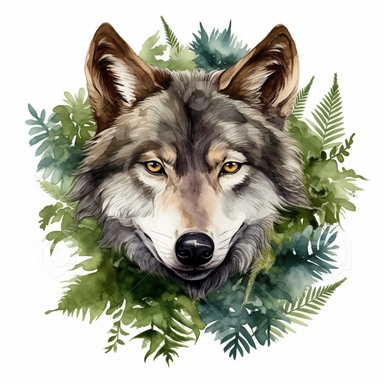 highly detailed glossy watercolor clipart,wolf head surrounded by green ferns, on white background