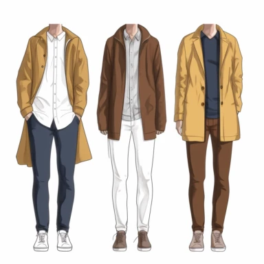 2d illustration of 3casual outfits, fashion illustration, clipart, illustration brown longline jacket with white shirt, on mannequin, white background, 360dpi, high resolution