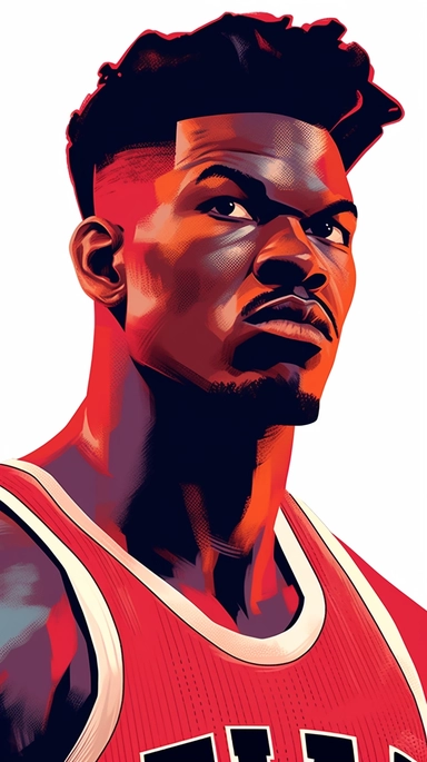 NBA Jimmy Butler, Half body shot, looking at the camera, fierce expression, style of 1950s comic book art, style of mike zeck, retro, 3 - color lithograph, block print, linotype, flexographic clip art, posterized colors, isotype icon design, hand drawn illustration, primitive art, minimalist design, white background