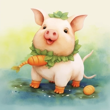 cute pig with string of leaves around its neck and carrots on its hand, watercolor clip art, comics, full illustrations , 4k, clear focus, watercolor, smooth soft skin, no hair, no feathers , symmetry, soft lighting, detailed eyes, pastel colors, grass with lake as background , watercolour style, child style the fairy tale, Conard Roset, Agnes Cecil, watercolor style