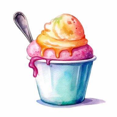 a watercolor clipart of an ice cream scoop in paper cup, white background