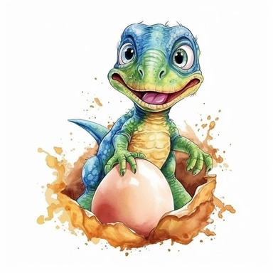 t-rex baby cute dinosaur hatching from egg, realistic, kids cartoon sublimation watercolor clipart design