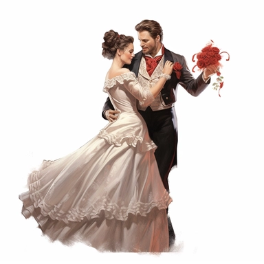 old victorian era, having fun at wedding, angle perspective, hyper-realistic painting, decorated with minimal amount of red roses, intricate details, elegance, charm, clipart, white background