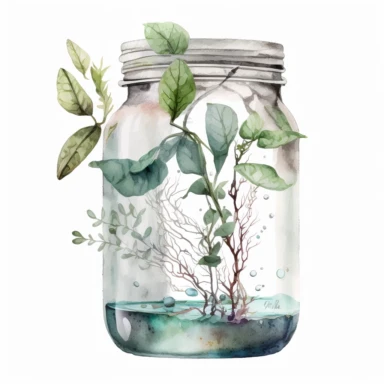[4114504628] Watercolor clipart. The transparent glass jar allows us to see the stems submerged in water, adding a touch of realism and authenticity to this watercolor composition.. White background. No text. No caption. No logo