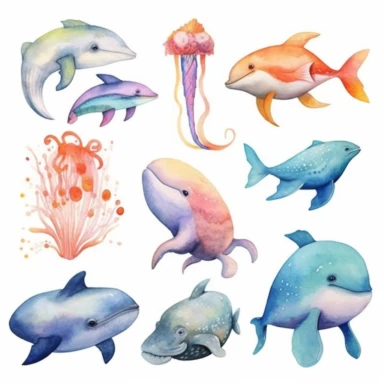 Create a set of charming watercolor clipart illustrations featuring real ocean animals. Embrace a style reminiscent of playful storybook illustrations. Use pastel colors to bring out the gentle nature of these creatures, while maintaining a sense of realism. Capture the innocence and wonder of childhood through the depiction of these adorable marine creatures.