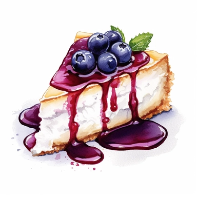 cheesecake with blueberry sauce drizzled over whip cream, clipart, white background