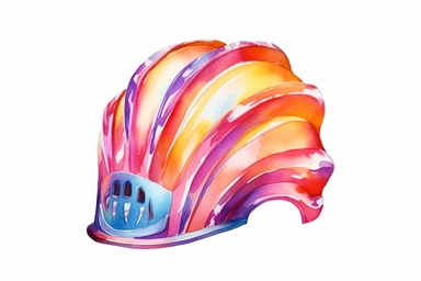 Watercolor, Create an image of a flame helmet shell, showcasing its vibrant colors and flame-like patterns, clipart, hd, on a white background, spaced out