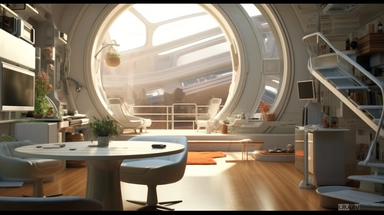 movie clip scene mid day of summer, circular elevated living pod, shimmering lights and shadows over living room studio library and kitchen open concept photographic high definition render, cold blinding shinny white fall light god rays shadows shimmering closeup detail concept art detailed painting with giant spaceship window of a cool industrial living quarters spaceship , huge over window with gorgeous galactic view, happy blade runner android, cool airvehicle cockpit, living bedroom office, 