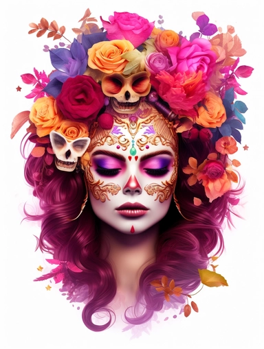 3d sugar skull girl with florals, in the style of fantasy art, 32k uhd, dark magenta and gold, luminous atmosphere, fantastical street, luminous,sticker art, clipart png, photorealistic, watercolor, digital painting, WHITE BACKGROUND, fantasy style, realistic, painting, 8k, ultra details,