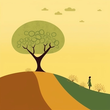 create a basic illustration clipart, super minimalist, very basic colours, with the silhouette of a woman climbing a large and thought mountain, a beautiful small tree at the top of the mountain representing success that the lady is looking for, motivational image, with very basic forms, basic and light yellow, brown and green shades, with very tiny flowers on the road of the small lady is walking towards the top.