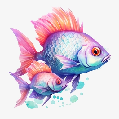 Fish in watercolor, light turquoise, and light purple style, unique character design, colorful wood carvings, white background, bright vivid seascapes, animal illustration, 8k, UHD, realistic detail, hand-painted style, PNG, Clipart, 300dpi