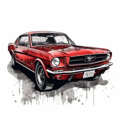 Rev up the engines of nostalgia with a classic American muscle car clipart composed in large ink blocks featuring a sleek Ford Mustang in vibrant red. In HD on a white background.