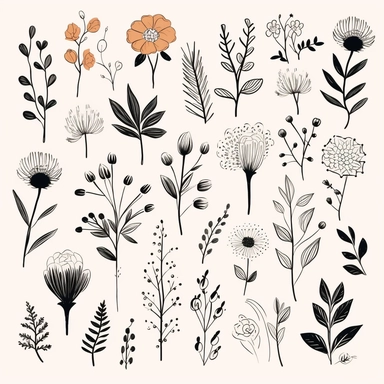 large collection of free hand drawn flowers and cliparts with outlines, in the style of light gray and black, feminine sticker art, nature-inspired, vintage-inspired, simple, floral, on white background