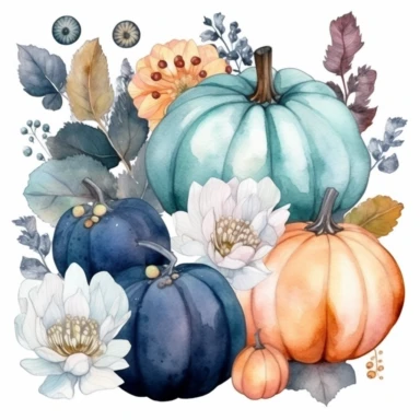adorable watercolor winter illustration clipart, lotuses and different varieties of pumpkins under the snow, winter, dark colours, highly detailed, markers copic style, white background