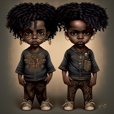 Black boys art, siblings , friends , dreadlocks , black boys clipart, cool black boy, twins png, brothers clipart, afro ,Full body with legs , Highly detailed close-up portrait , standing , Nicoletta Ceccoli, Mark Ryden, lostfish, Earl Nor, global lighting, divine rays, detailed and intricate surroundings, sf, intricate artwork masterpiece, ominous, matte painting movie poster, blue ratio, trending on cgsociety, intricate, epic, trending on artstation